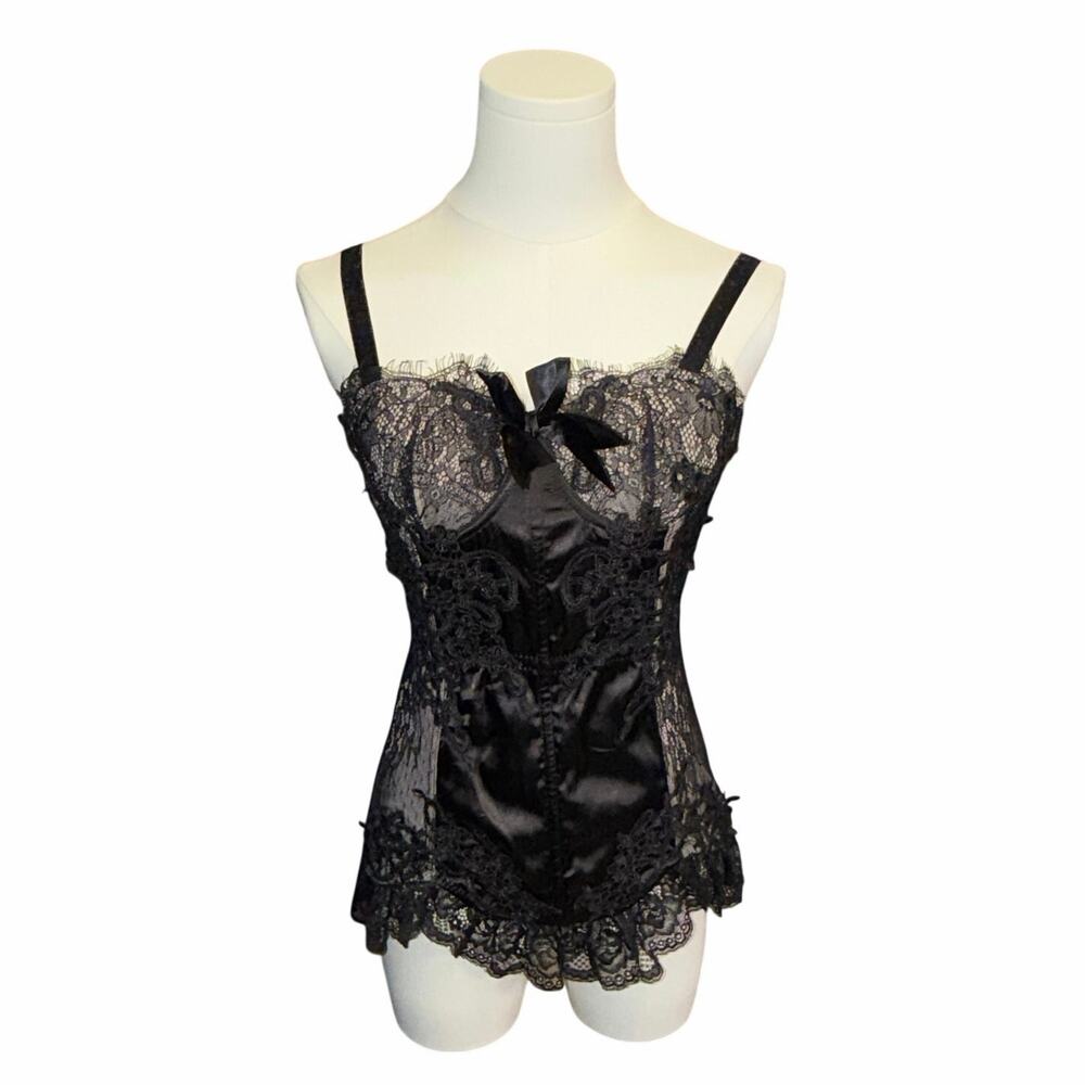 Ann Summers Black Satin‎ Lace Corset Top Hook Eye Back Bustier Basque Camisole S